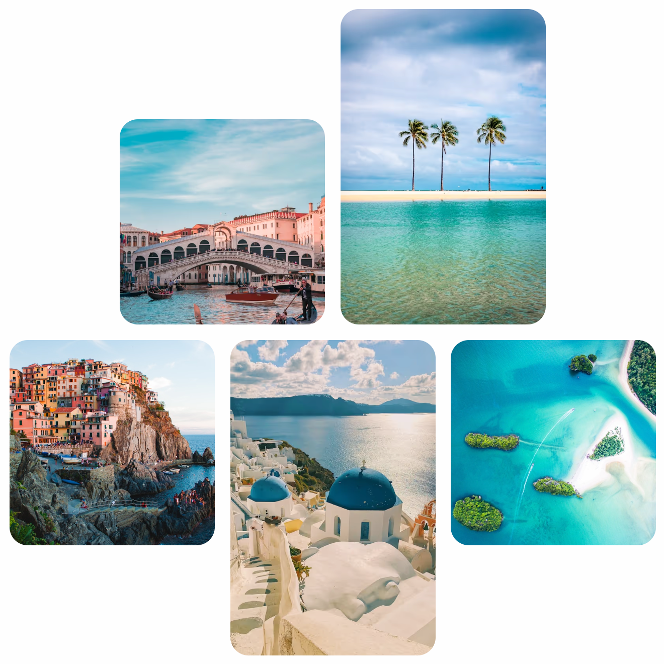 Traumhafte Reiseziele: Venedig, Strandparadies, Klippenhäuser, Santorin, türkisfarbenes Meer mit Inseln.